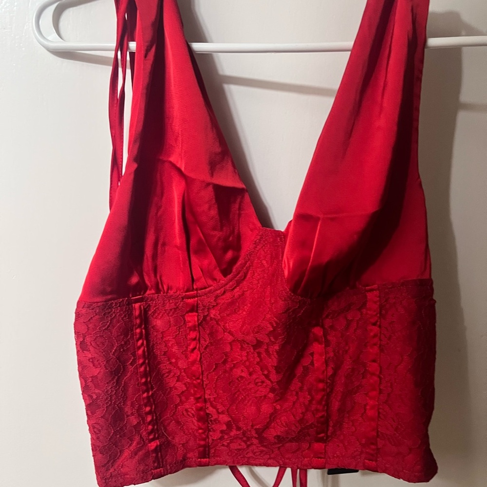 Red Lace Blouse with Plunging V-Neckline